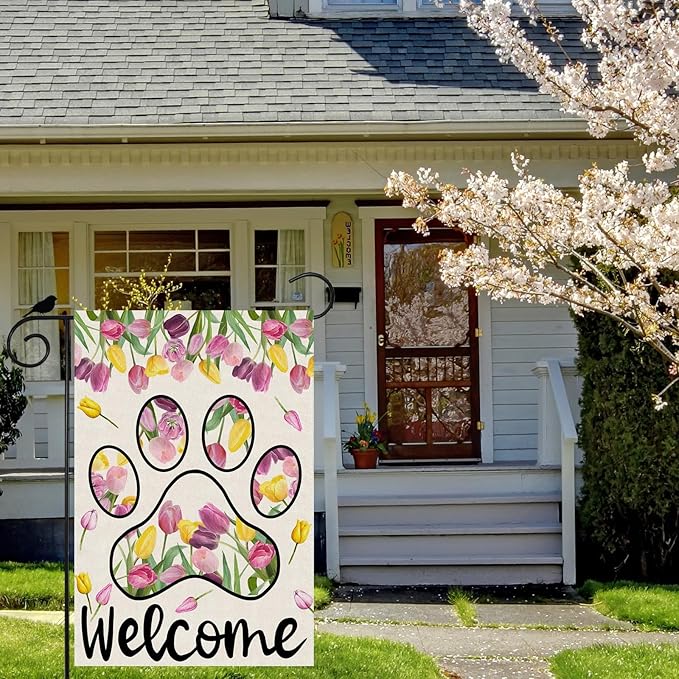 ZAEW Welcome Dog Paw Tulips Spring Garden Flag Summer Seasonal Yard Flag 12x18 Inch Double Sided Small Mini Yard Outdoor Outside Holiday Decoration