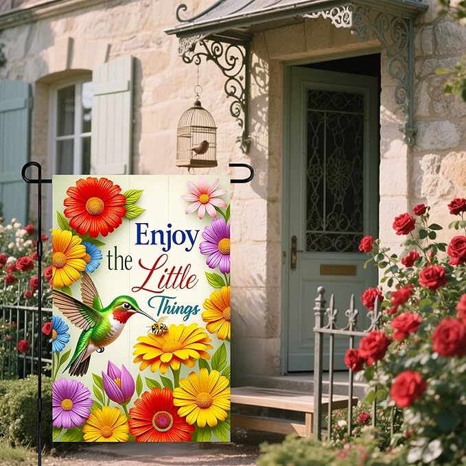 IVN Seasonal Garden Flag 12x18 Inch Double Sided Hummingbird Daisy Tulip Colorful Floral Enjoy the Little Things Outdoor Yard Flag for Outside Front Door Lawn Porch Patio Welcome Decor