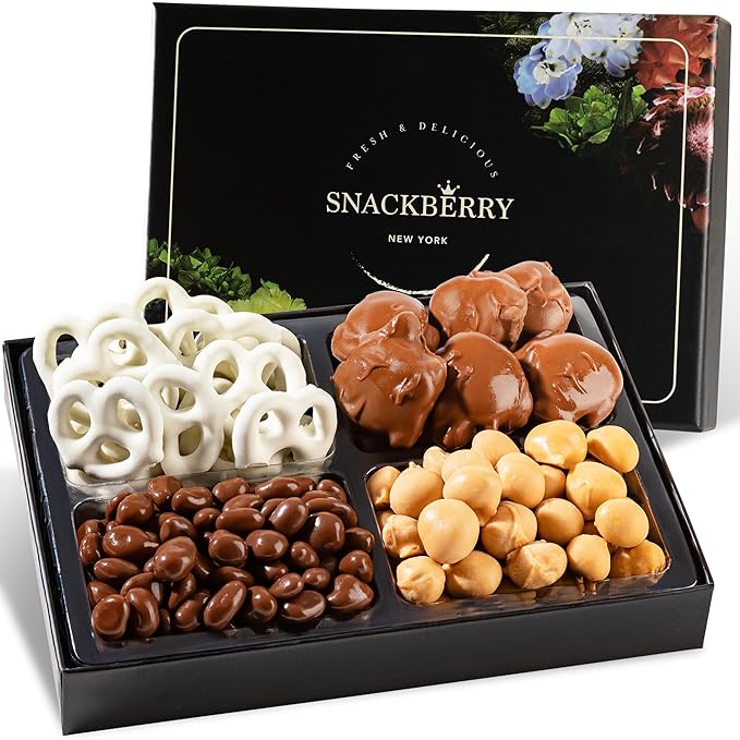 Premium Chocolate Gift Box Assorted Treats with Chocolate-Covered Pecan, Maple Nuts, Yogurt Pretzels & Raisins – Perfect Holiday, Birthday & Corporate Gift Box