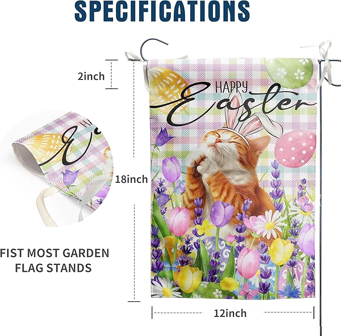 Happy Easter Cat Garden Flag Orange Cat Spring Flags Buffalo Plaid Bunny Eggs Yard Flag for Outside 12x18 Double Sided Small Decorative Floral Outdoor Flag