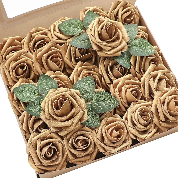 Floroom Artificial Flowers 25pcs Real Looking Antique Gold Foam Fake Roses with Stems for DIY Wedding Bouquets Bridal Shower Centerpieces Floral Arrangements Party Tables Home Decorations