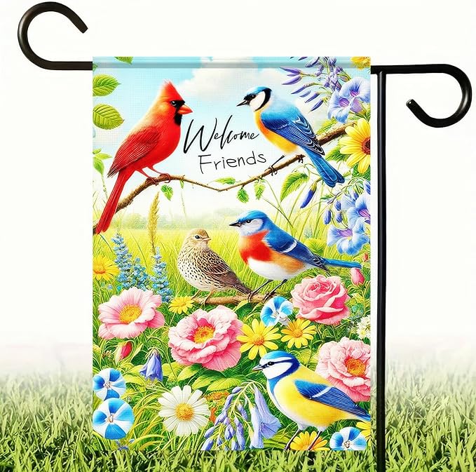BlissYard Welcome Friends Summer Spring Garden Flag Spring Cardinal Birds Flowers Butterfly Yard Flag Flowers Daisy Hummingbirds Decorative Garden Flag Banner for Outdoor Home Decor Party
