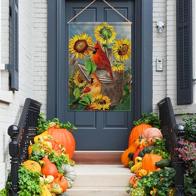 Hzppyz Spring Summer Sunflower Cardinal House Flag Double Sided, Red Bird Garden Yard Outdoor Large Burlap Flag, Fall Farmhouse Home Decoration 28x40