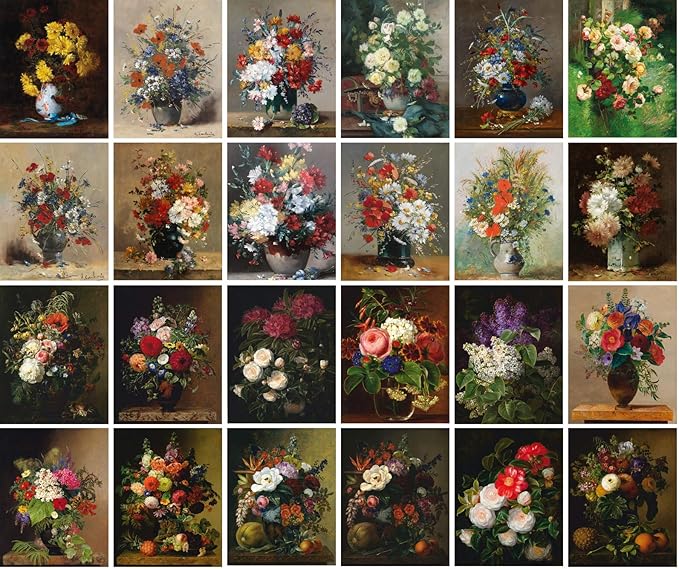PIXILUV Vintage PostCards 24 pcs WILD FLOWERS GARDEN STILL LIFE Antique Museum Painting Art by Johann Retro Poster REPRINT