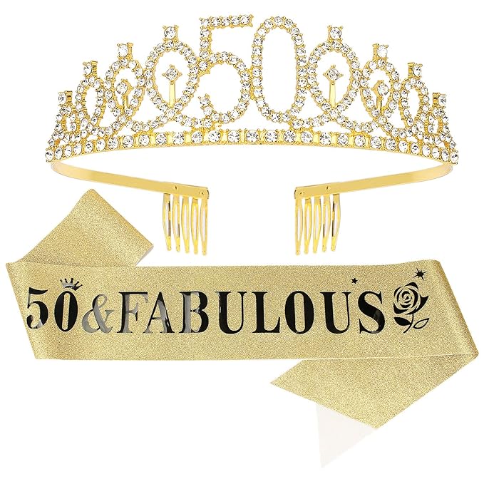 Casoty Gold 50th Birthday Sash and Tiara,50th Birthday Decorations for Women, 50 and Fabulous Sash and Queen Crown Set,Gifts for Her 50 Party Supplies Favors for Women