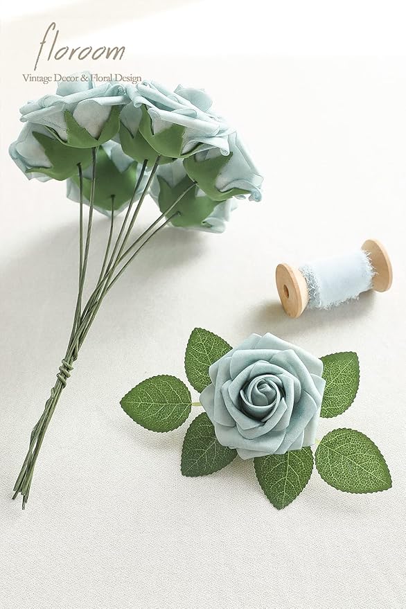 Floroom Artificial Flowers 25pcs Real Looking Dusty Blue Foam Fake Roses with Stems for DIY Wedding Bouquets Bridal Shower Centerpieces Floral Arrangements Party Tables Home Decorations