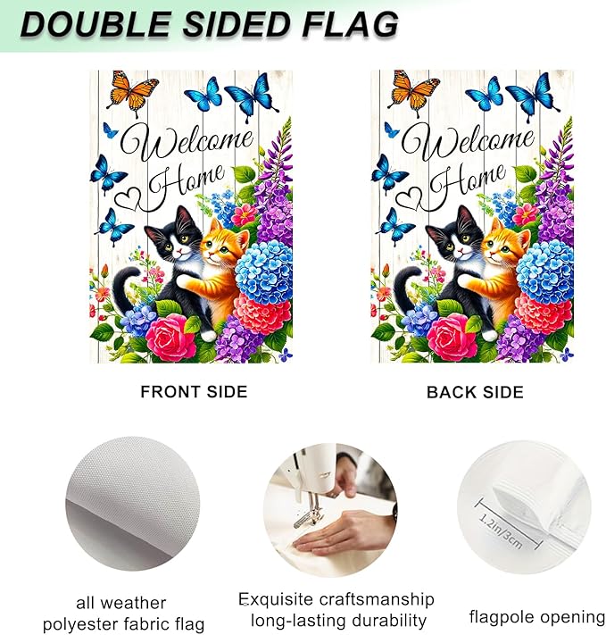 IVN Spring Garden Flag 12x18 Inch Double Sided Cat Flower Butterfly Welcome Home Outdoor Yard Flag for Outside Front Door Lawn Porch Patio Welcome Decor