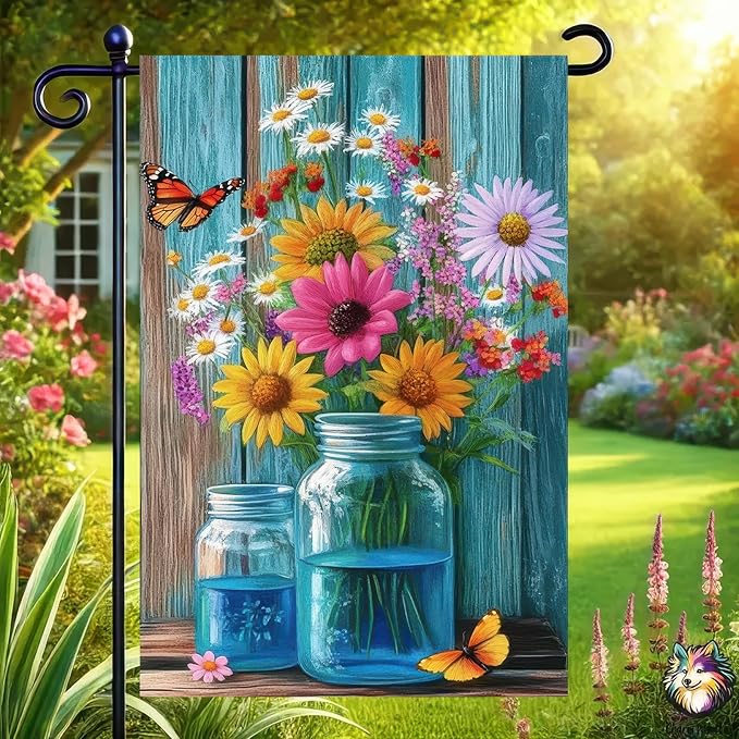 BlissYard Welcome Spring Garden Flag Double Sided 12x18 Inch Spring Summer Garden Flags Wildflowers In Mason jars Spring Garden Flag Seasonal Rustic Yard Lawn Holiday Outdoor Decor Banner