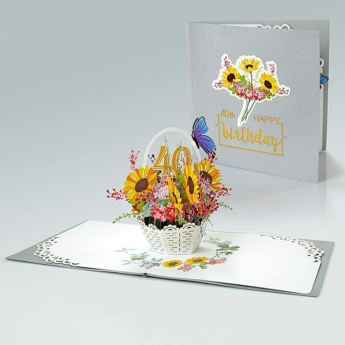 CUTPOPUP 40th Birthday Card Pop Up, Mother's Day, 3D Greeting, Thank You Card (40th Sunflowers Bastket)