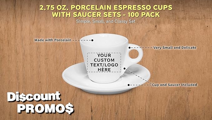 Custom Espresso Cups with Saucer 2.75 oz. Set of 100, Personalized Bulk Pack - Perfect for Espresso, Tea, Other Beverages - White