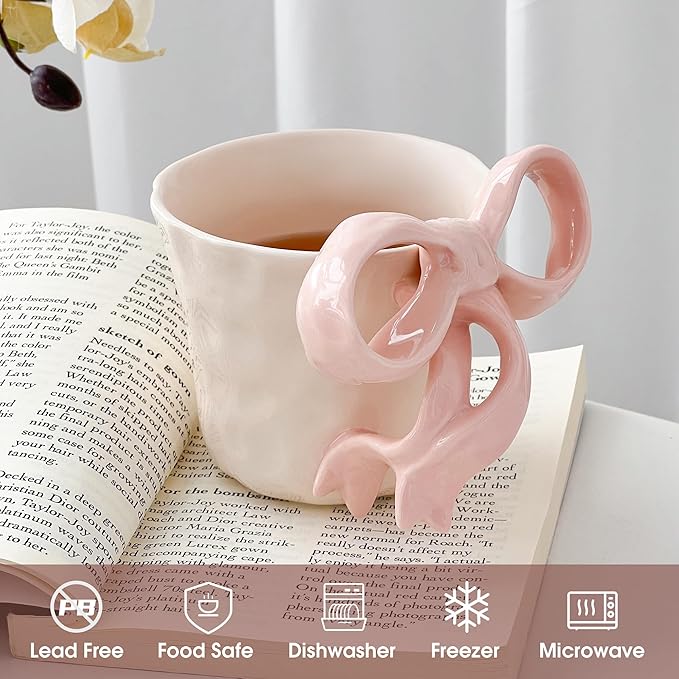 Pink Ceramic Coffee Mug with Bow Handle, Cute Girly Cup for 14oz, Handmade Kawaii Soup Mug for Latte Tea Milk Cocoa, Pretty Birthday Valentine Gifts for Women and Girls