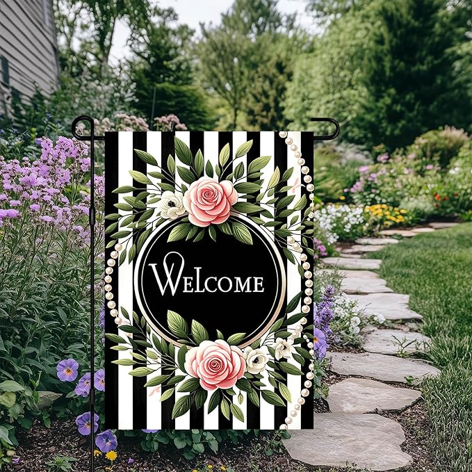 HOMETITUTE Welcome Garden Flag Spring Floral Yard Banner 12x18 Inch Double Sided Outdoor Decor with Pink Roses and Black and White Stripes for Farmhouse Patio Lawn Home Decoration