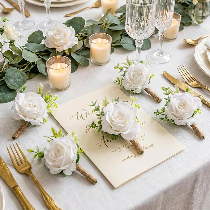 Corsage and Boutonniere Set,6Pcs Wedding Boutonniere for Men and Women, White Rose Boutonnieres for Wedding Ceremony, Prom, Anniversary, Formal Events