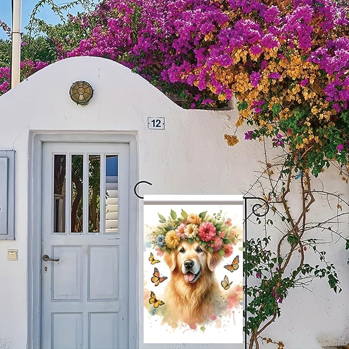 Starlit Patio Welcome Spring Summer Garden Flag 12x18 Double Sided Golden Retriever Dog Garden Flag Pet Flower Butterflies Yard Outside Decorations Floral Flower Seasonal Outdoor Small Home Decor