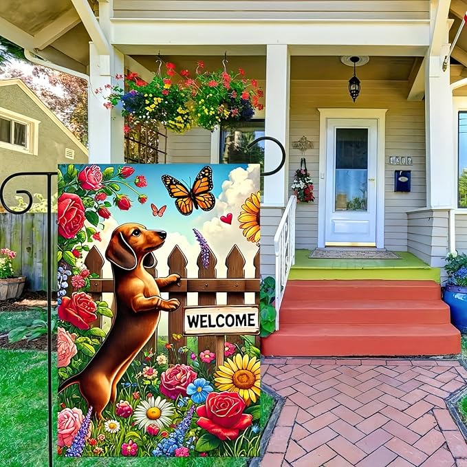HOMETITUTE Welcome Garden Flag Spring Summer Dog Garden Flag 12x18 Inch Double Sided Flags Dachshund Puppy Floral Fence Butterfly Outdoor Yard Lawn Porch Decor Banner