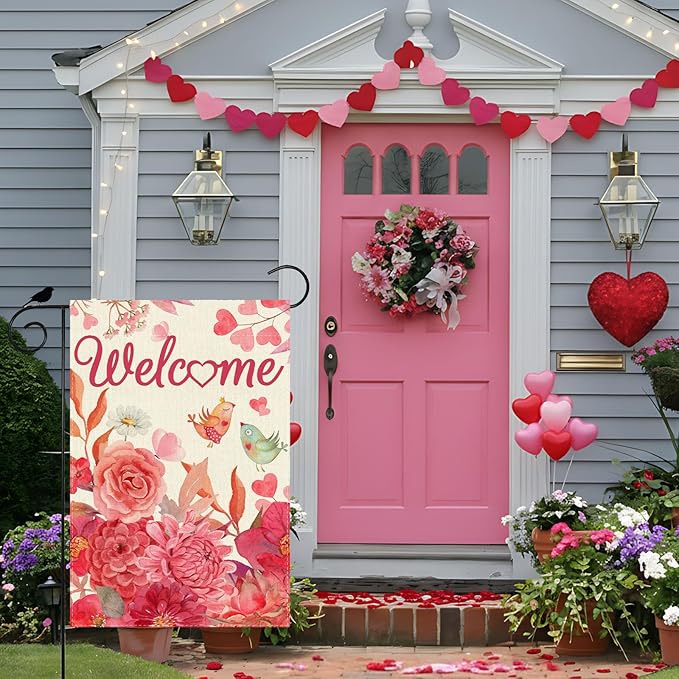 ZAEW Welcome Valentine’s Day Garden Flag Love Birds Yard Flag 12x18 Inch Double Sided Small Mini Yard Outdoor Outside Holiday Decoration