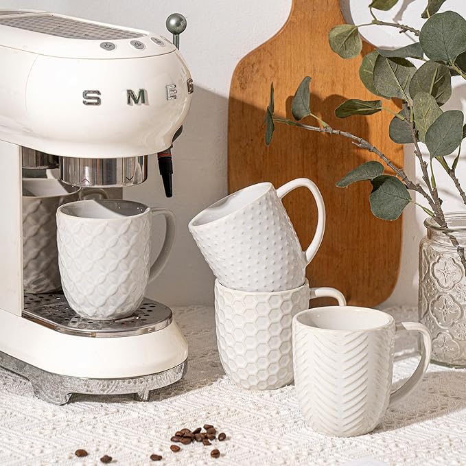 Ceramic Coffee Mugs Set of 4, 12oz Embossed Cups with Elegant Patterns – A Thoughtful Gift for Women, Mom, or Friends,Perfect for Tea, Latte, Cocoa (Arctic White, 12 OZ)