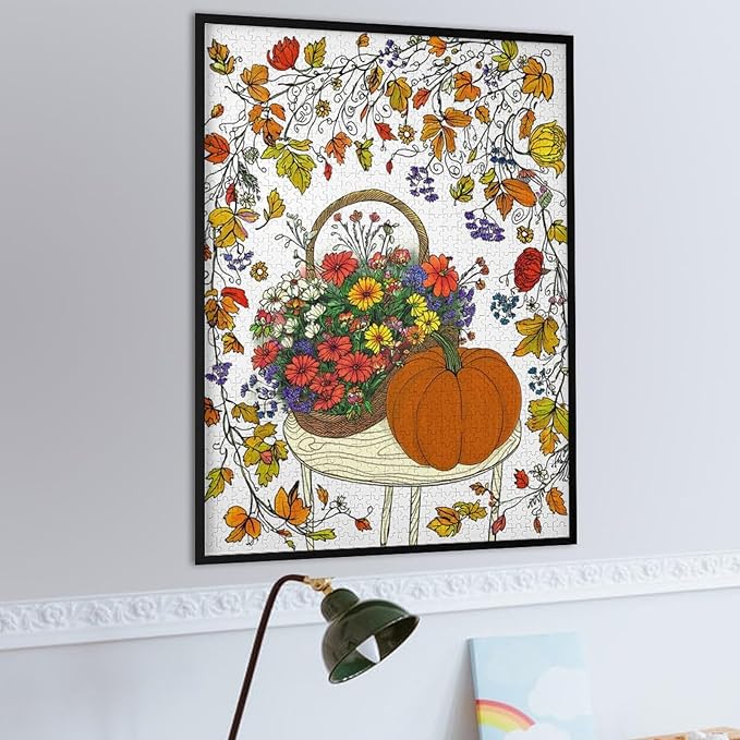 Wooden Jigsaw Puzzles - Thanksgiving Fall Pumpkins，Flowers - 1000 Piece Jigsaw Puzzle for Adults Teenagers and Kids Educational Family Game，Home Decor，Suitable for Puzzle Enthusiasts and Collectors