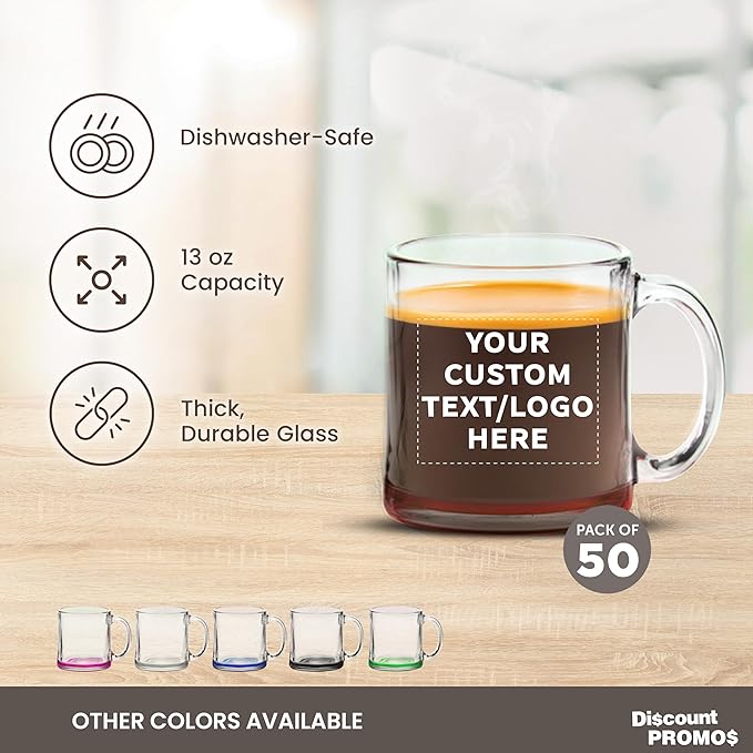 Custom Libbey Clear Glass Coffee Mugs 13 oz. Set of 50, Personalized Bulk Pack - Perfect for Coffee, Tea, Espresso, Hot Cocoa, Other Beverages - Red Bottom
