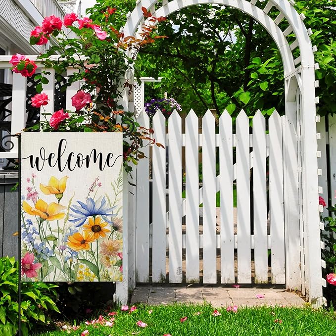 EKOREST Welcome Spring Flowers Garden Flags for Outside, Watercolor Floral Yard Decoration, Small Seasonal Summer Outdoor Decor for Farmhouse Holiday,12x18 Inch Double Sided