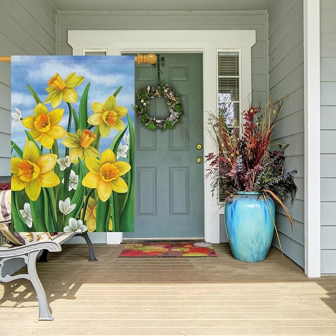 Louise Maelys Welcome Spring House Flag 28x40 Double Sided Vertical, Burlap Large Daffodil Floral Flower Holiday Yard Sign House Outside Outdoor Hello Summer Decoration