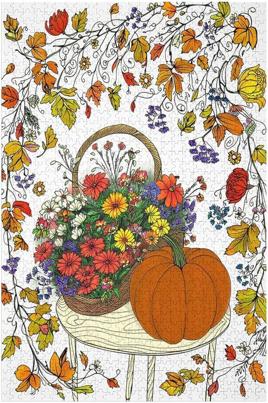 Wooden Jigsaw Puzzles - Thanksgiving Fall Pumpkins，Flowers - 1000 Piece Jigsaw Puzzle for Adults Teenagers and Kids Educational Family Game，Home Decor，Suitable for Puzzle Enthusiasts and Collectors
