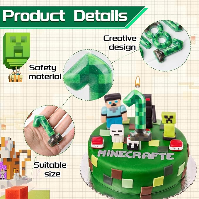TNT Themed Birthday Cake Candle Number 1 Dynamite Themed Green Candle Birthday Party Decoration Cake Topper for Pixel Theme Birthday Party Anniversary Party Dynamite Party Video Game Party (Number 1)