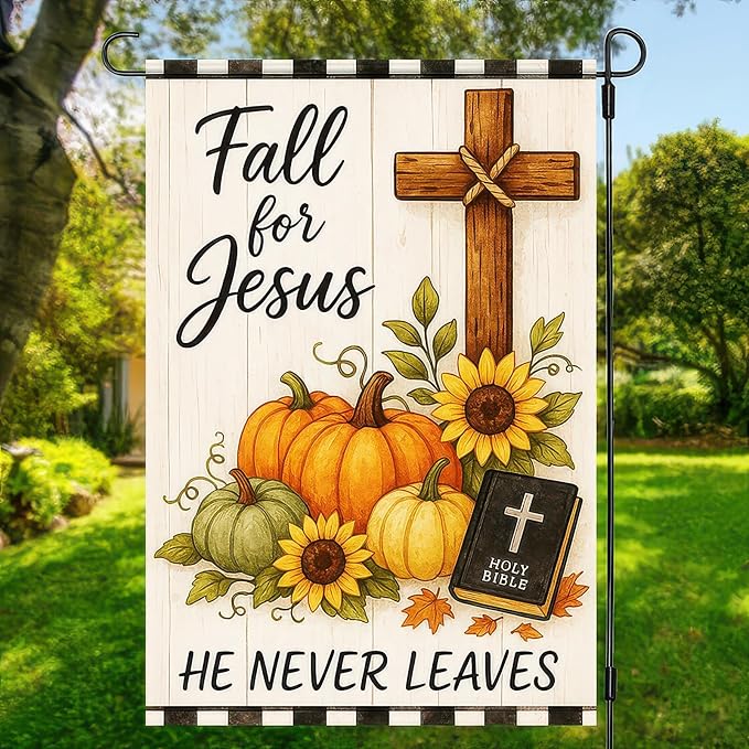 BlissYard Fall for Jesus Garden Flag 12x18 inch Double Sided Christian Autumn Yard Banner with Pumpkins Flags Sunflowers Cross Bible Verse Religious Outdoor Flag for Fall Thanksgiving
