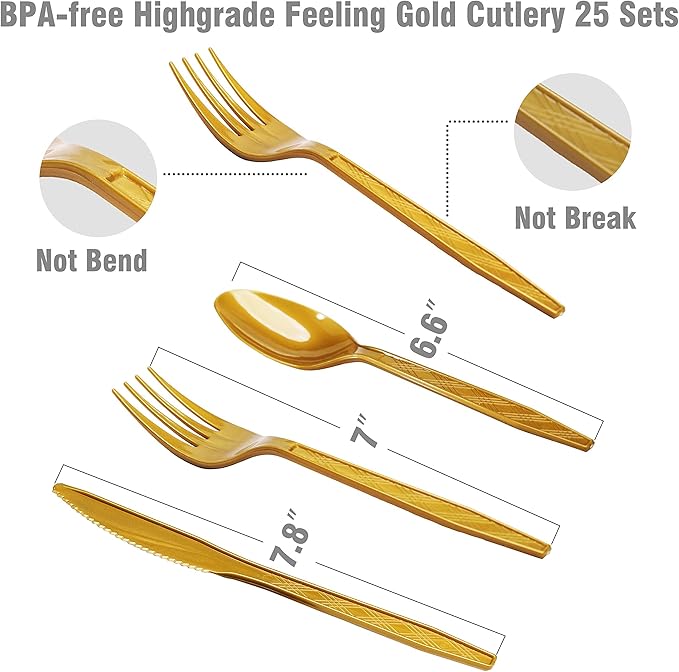 200 pieces of black and gold birthday party supplies, disposable happy birthday tableware set, gold plastic knives, forks, spoons, straws. Birthday themed tray, cup,25Guests (black)