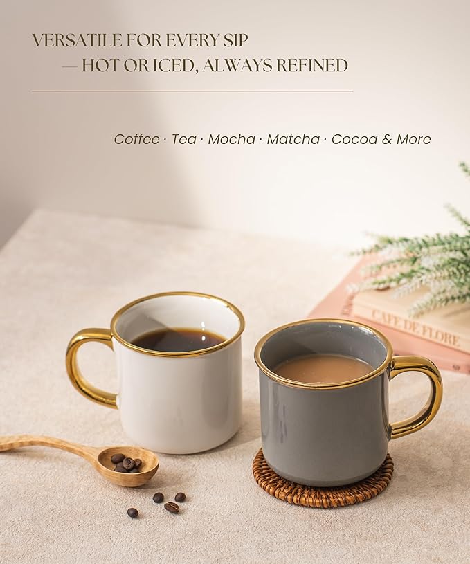 Stoneware Electroplated Mug Set of 4-15oz Ceramic Coffee & Tea Cups with Gold Handle - Perfect for Hot & Iced Drinks - Dishwasher Safe - Modern Chic Design - Ivory White & Gray - Ideal Gift