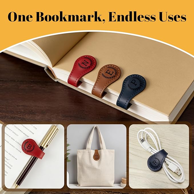 3PCS Personalized Magnetic Leather Bookmark, 26 Letters Custom Bookmarks, Customized Engraved Name Initial Book Mark for Book Lovers Readers Teachers Women Men, J