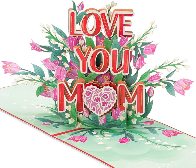Love You Mom Pop Up Card, Flower, Heart Shaped Symbol, Gift For Birthday, Mothers Day, Anniversary, Valentines Day, Mom, Godmother, Mother in Law, 5x7 - Includes Envelope And Message Note