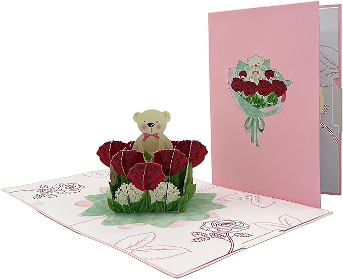 3D Pop Up Greeting Card Flowers Theme (Roses Teddy Bear)