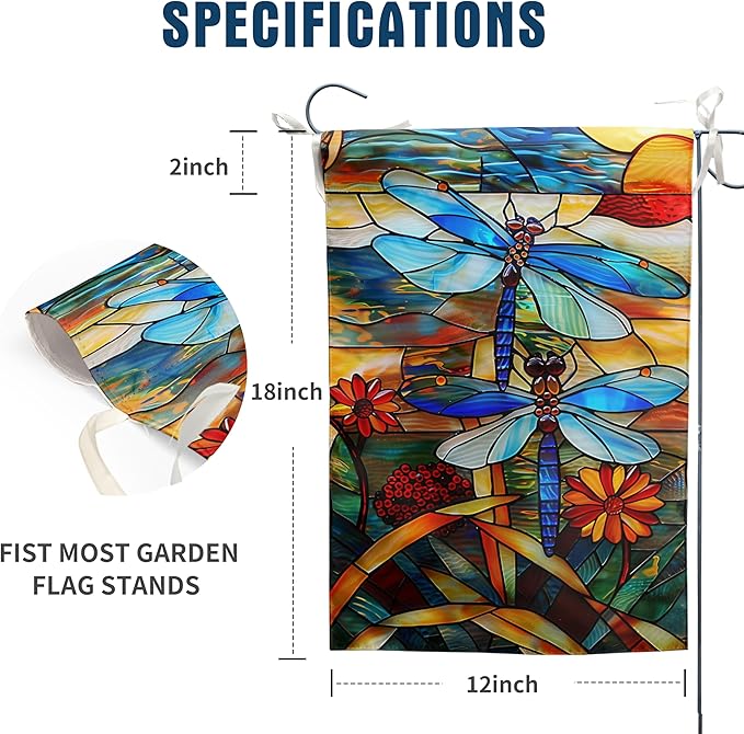 Stained Glass Dragonfly Garden Flag Spring Summer Yard Flag Fall Floral Decorative Flags for Outside 12x18 Double Sided Small Seasonal Lawn Flags Rustic Outdoor Decor