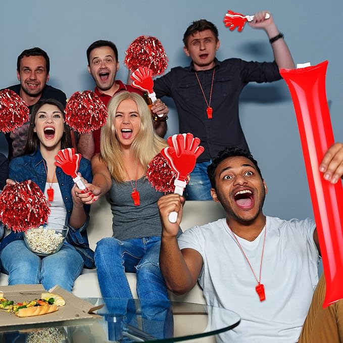 Yunsailing 96 Pcs Homecoming Noisemakers Team Spirit Accessories for Game Day Include Hand Clappers Cheerleading Pom Pom Thunder Stick Cheer Party Blower Plastic Whistle for Sport Fans(Red)