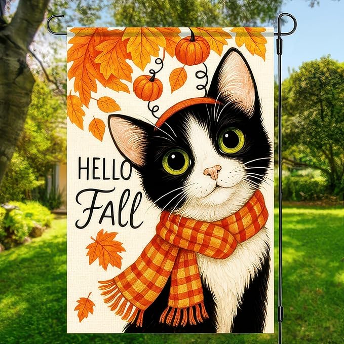 BlissYard Thanksgiving Fall Garden Flag 12x18 Inch Hello Fall Black Cat Flag Double Sided Outdoor Autumn Yard Banner with Pumpkins and Leaves for Porch Lawn Patio Seasonal Decor