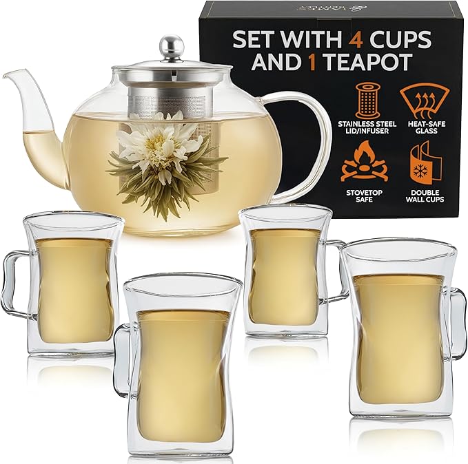 James Bentley Glass Coffee and Tea Set – Borosilicate Glass Teapot Set for Adults with 40oz Teapot & 4 Insulated Glasses, Stainless Steel Strainer for Bags and Loose Tea– Microwave, Dishwasher Safe