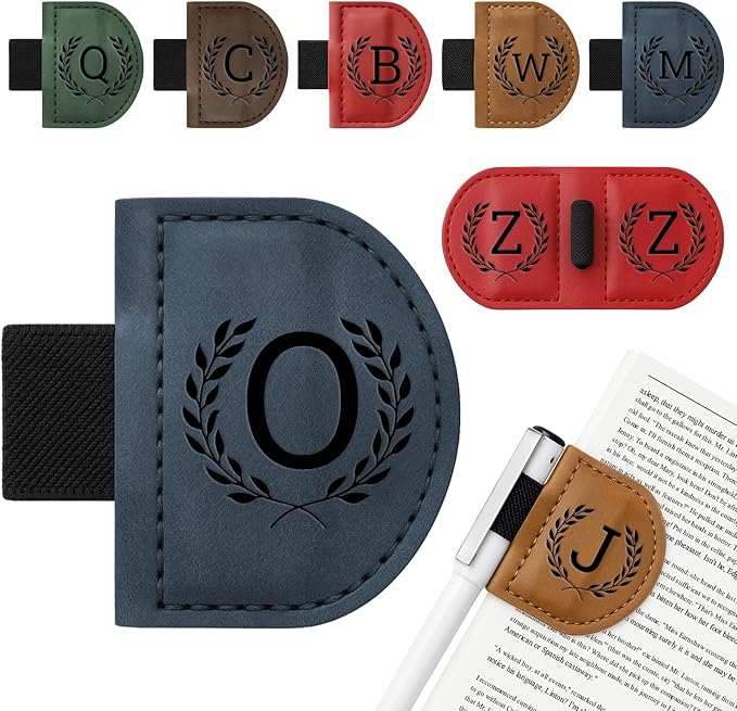 Personalized Bygone Mark Bookmark with Pen Holder,Engraving Leather Magnetic Bookmarks Vintage 26 Letters Name Initials Text Book Marker Clips Gifts for Reading Book Lovers Women (Blue, O)