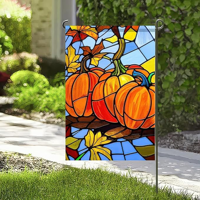 BlissYard Thanksgiving Fall Garden Flag 12x18 Inch Welcome Stained Glass Pumpkin Flag Double Sided Autumn Yard Banner Leaves Harvest for Porch Lawn Patio Seasonal Decor