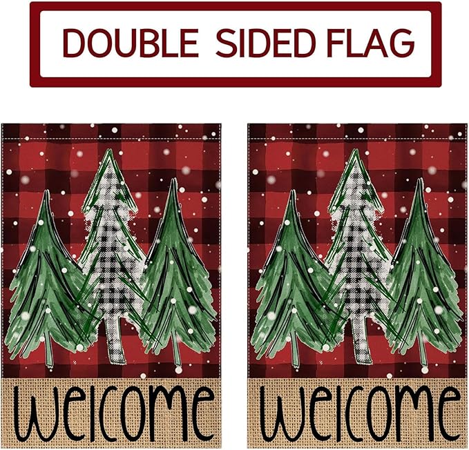Welcome Red Buffalo Plaid Christmas Trees Garden Flag 28 x 40 Inch Vertical Double Sided Buffalo Plaid Red Holiday Yard Outside Xmas Decor House Flag