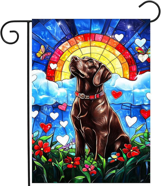 Stained Glass Chocolate Lab Garden Flag for Outside 12x18 Double Sided Rainbow Bridge Labrador Dog Bereavement Pet Sympathy Gift Memorial Yard Banner Small