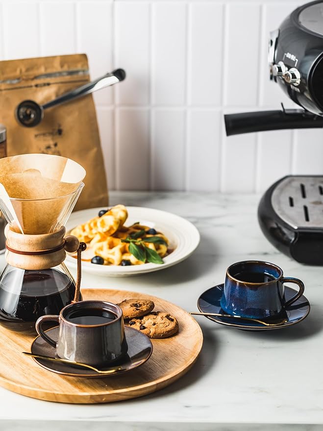YHOSSEUN Espresso Cups 4 Oz, Porcelain Coffee Cups Set of 6 Espresso Cup with Saucers, Meatal Stand, and Stir Spoons, Brown Expresso Shots Cup