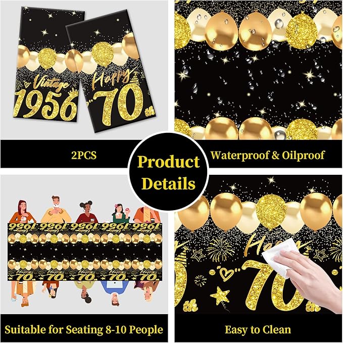 2pcs 70th Birthday Tablecloth, Black Gold 70th Birthday Decorations for Men Women Vintage 1956 Table Cloth Plastic Rectangular 70th Table Cover Happy 70 th Anniversary Party Supplies