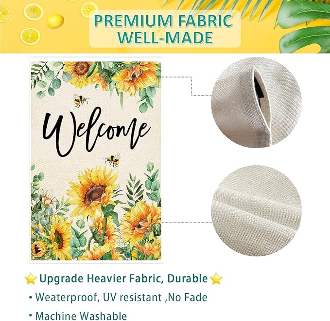 Baccessor Spring House Flag Sunflower Bee Eucalyptus Leaves Welcome Flag 28 x 40 Inch Double Sided Burlap Yard Large Spring Summer Outside Decor