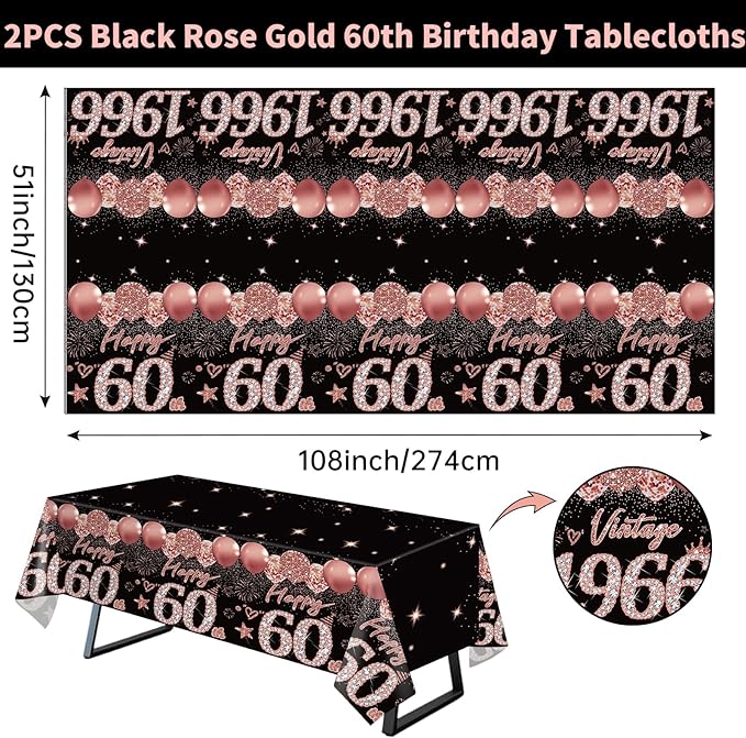 2pcs 60th Birthday Tablecloth, Black Rose Gold 60th Birthday Decorations for Woman Vintage 1966 Table Cloth Plastic Rectangular Table Cover Happy 60 Anniversary Party Supplies