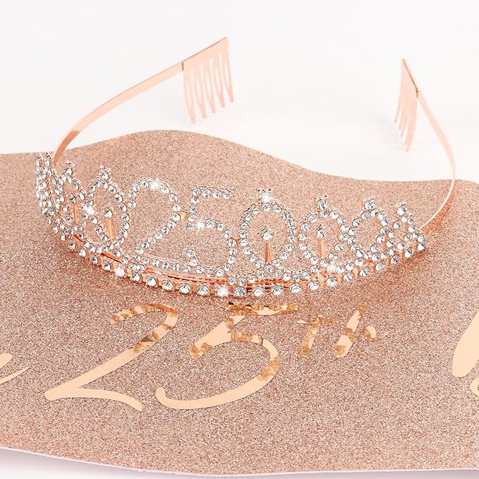 Casoty Rose Gold 25th Birthday Sash and Tiara for Women, 25th Birthday Party Decorations for Women, Crown and Sash Set, Gifts for Her