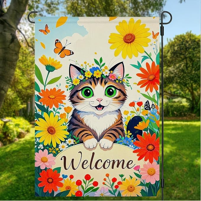 BlissYard Spring Garden Flag for Outside Adorable Cat with Flowers and Butterflies Backdrop Design Spring Decoratio Double-Sided 12x18 Inches Welcome Yard Flag for Outdoor Decor