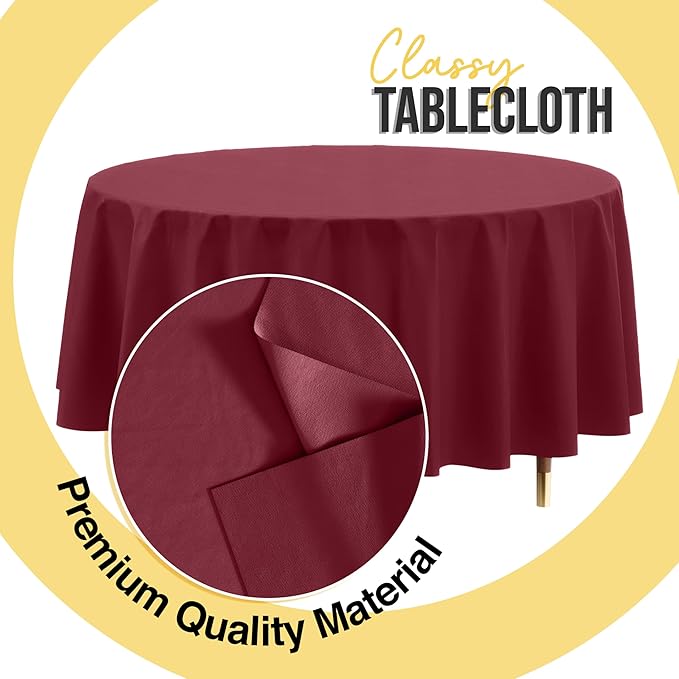 Exquisite 66% Thicker Premium Burgundy Round Tablecloth 0.5 Mil 6 Pack Plastic Table Cloth Disposable 84 Inch Round Plastic Tablecloth Won't Tear Easily Like Cheap Thin Brands