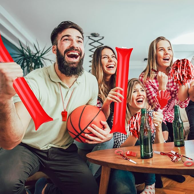 Yunsailing 96 Pcs Homecoming Noisemakers Team Spirit Accessories for Game Day Include Hand Clappers Cheerleading Pom Pom Thunder Stick Cheer Party Blower Plastic Whistle for Sport Fans(Red White)