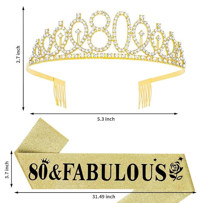 Casoty Gold 80th Birthday Sash and Tiara, 80th Birthday Decorations for Women, 80 & Fabulous Sash and Crown Set, Party Supplies Favors for Women, Gifts for Her